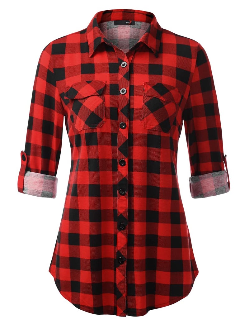 DJT Womens Soft Stretchy Knit Plaid Shirts Roll Up Long Sleeve Collared Button Down Blouses Tops X-Large Red Plaid - Image 1